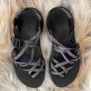 Chaco sandals with lavender, gray, and black double straps, women's size 8